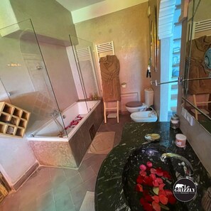 Hair dryer, bidet, towels, soap