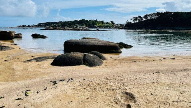 Una playa con rocas grandes al frente y un mar tranquilo.