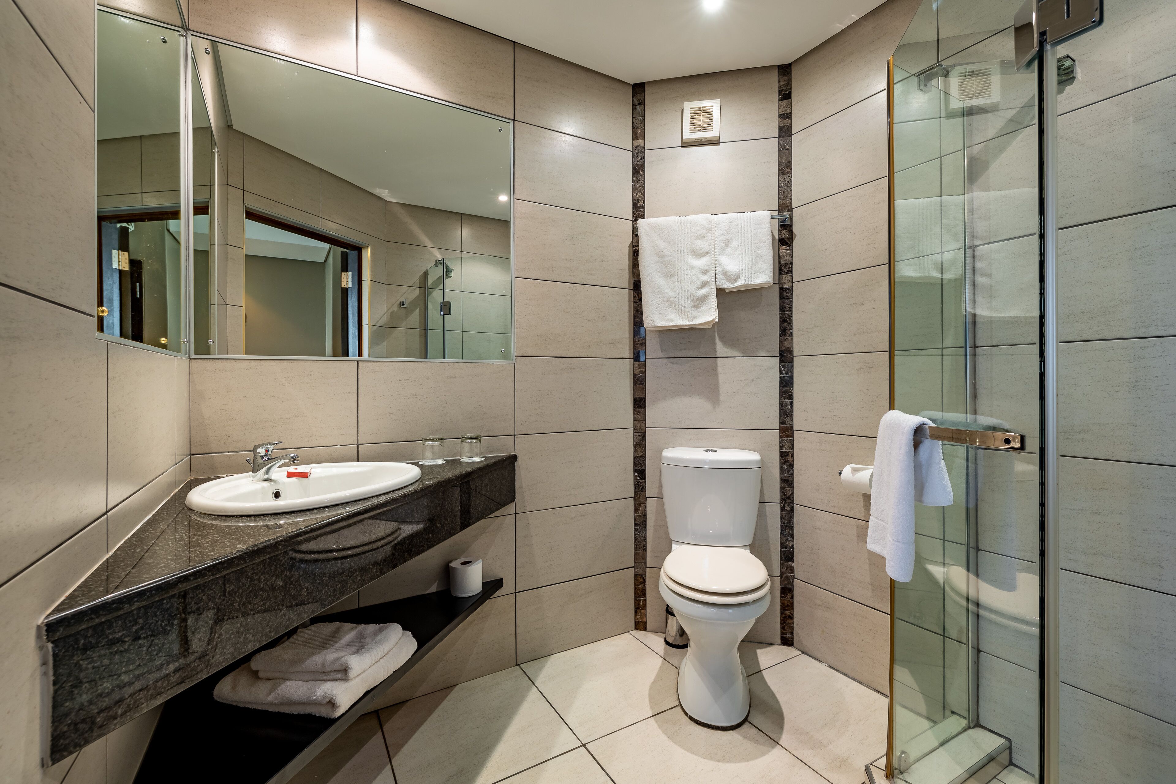 A modern bathroom with a glass shower enclosure, a white toilet, and a granite countertop with a sink.