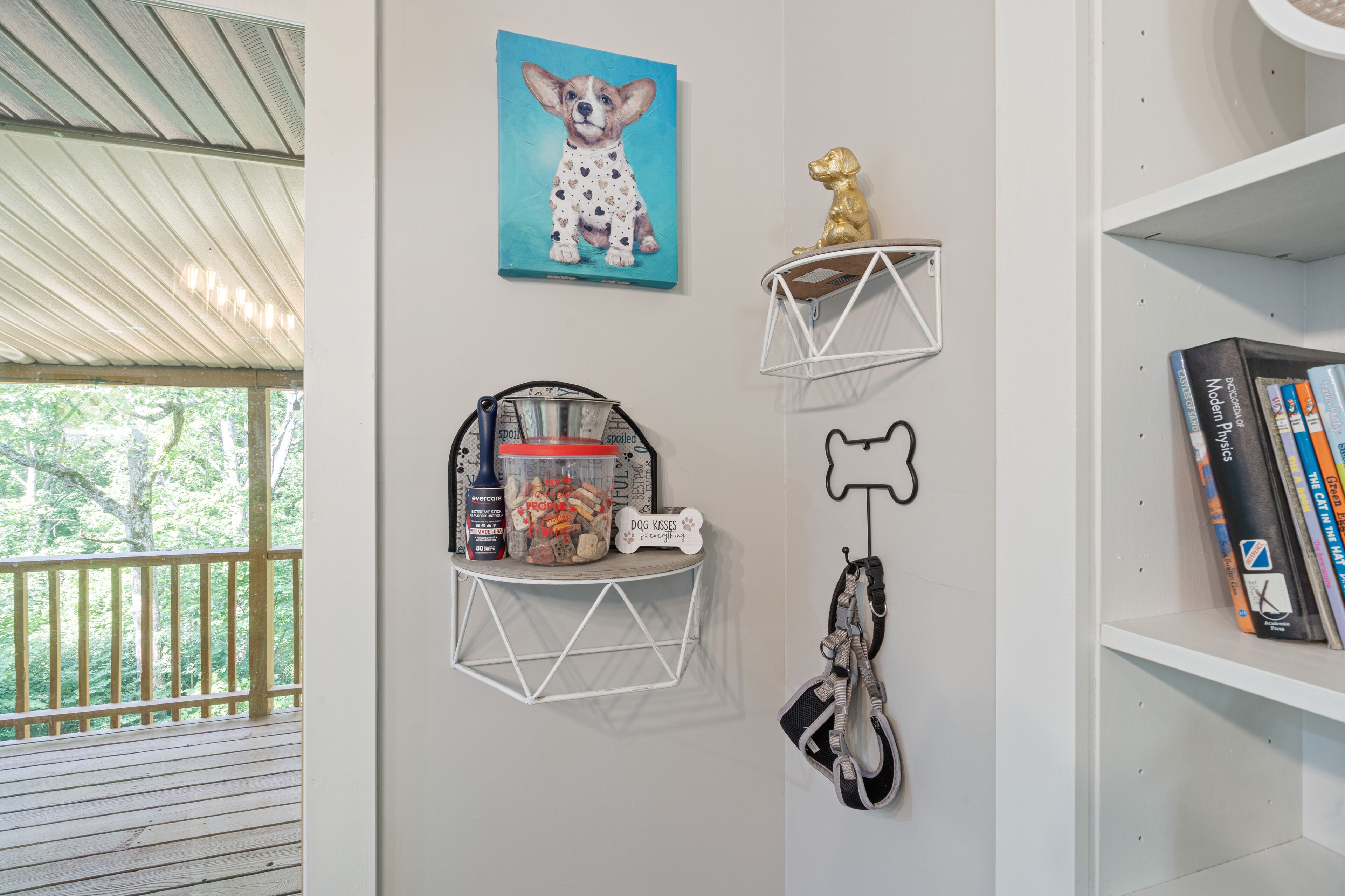 A room with a wooden deck, a wall-mounted shelf with a dog-themed picture, a small shelf with a dog bowl and treats, and a bookshelf with books.