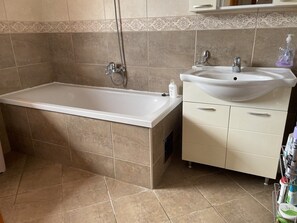 Shower, hair dryer, towels, toilet paper