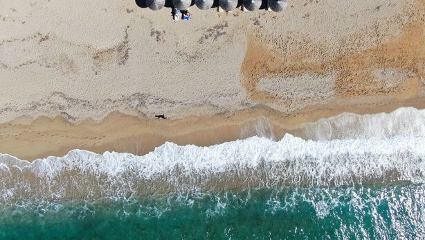 Eine Vogelperspektive auf einen Strand mit Reihen von Sonnenschirmen und entspannenden Menschen.