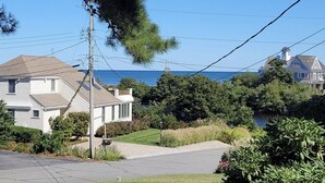 A residential area with houses, a clear sky, and a body of water in the background.