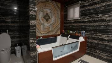 Shower, jetted tub, hair dryer, bidet
