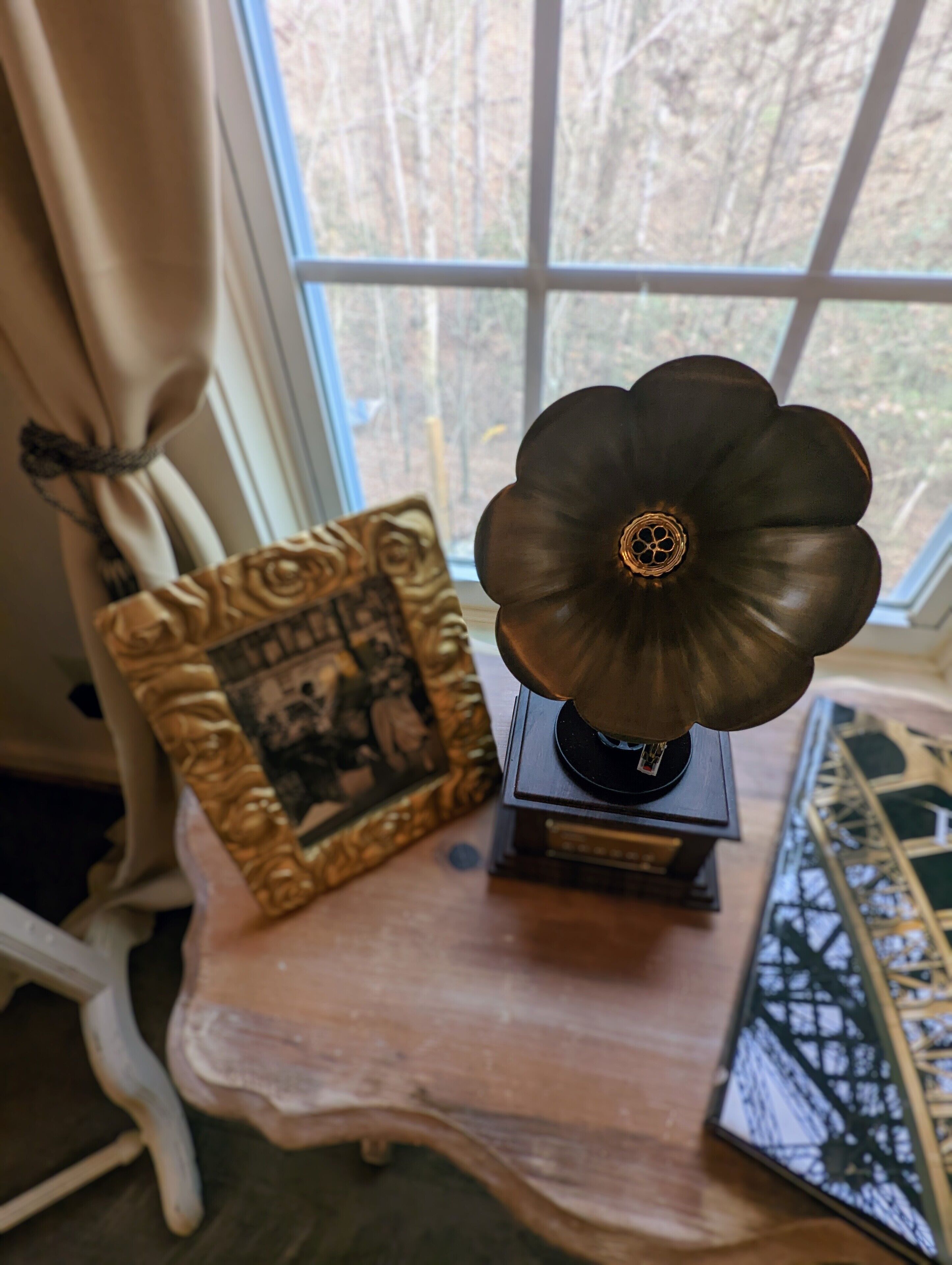 A vintage gramophone on a wooden table with a framed picture beside it, near a window with a view of trees.