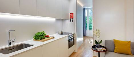 Fridge, microwave, oven, stovetop