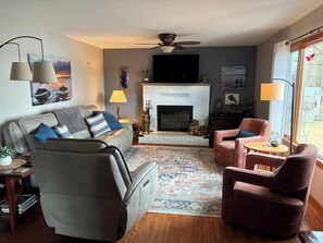 Smart TV, fireplace, books