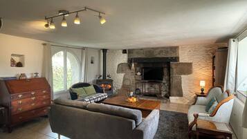 TV, fireplace, DVD player, foosball