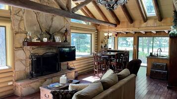 Smart TV, fireplace, DVD player, books