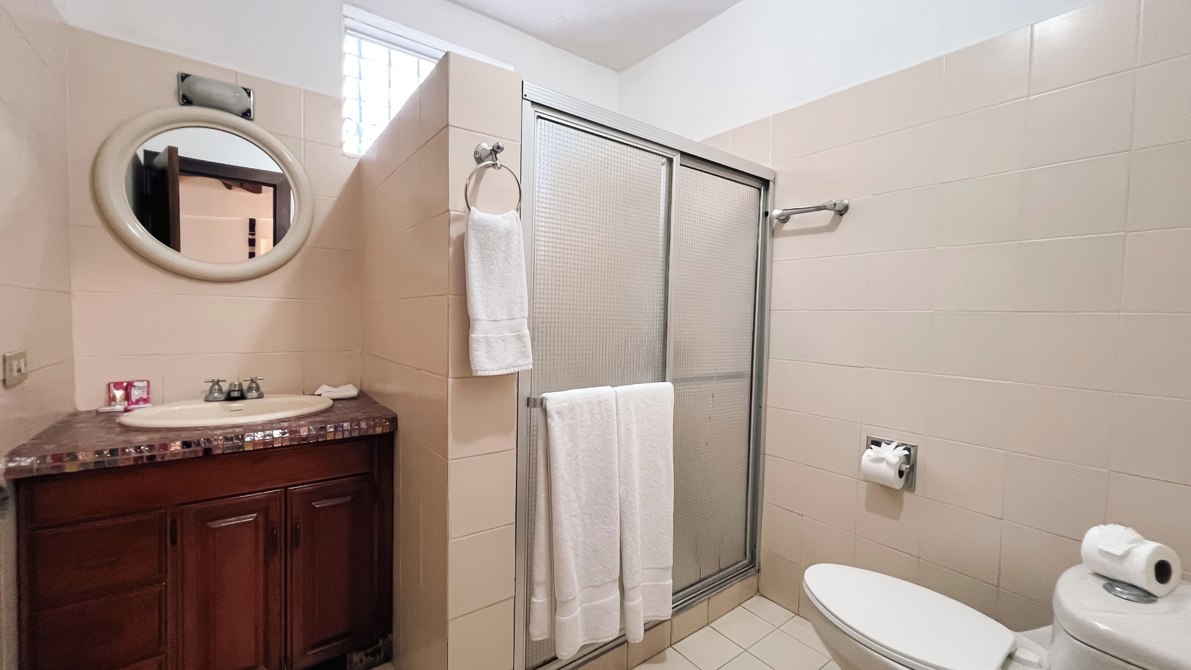 Baño con ducha, inodoro, lavabo y espejo.