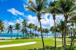A golf course with a clear view of the ocean and palm trees.