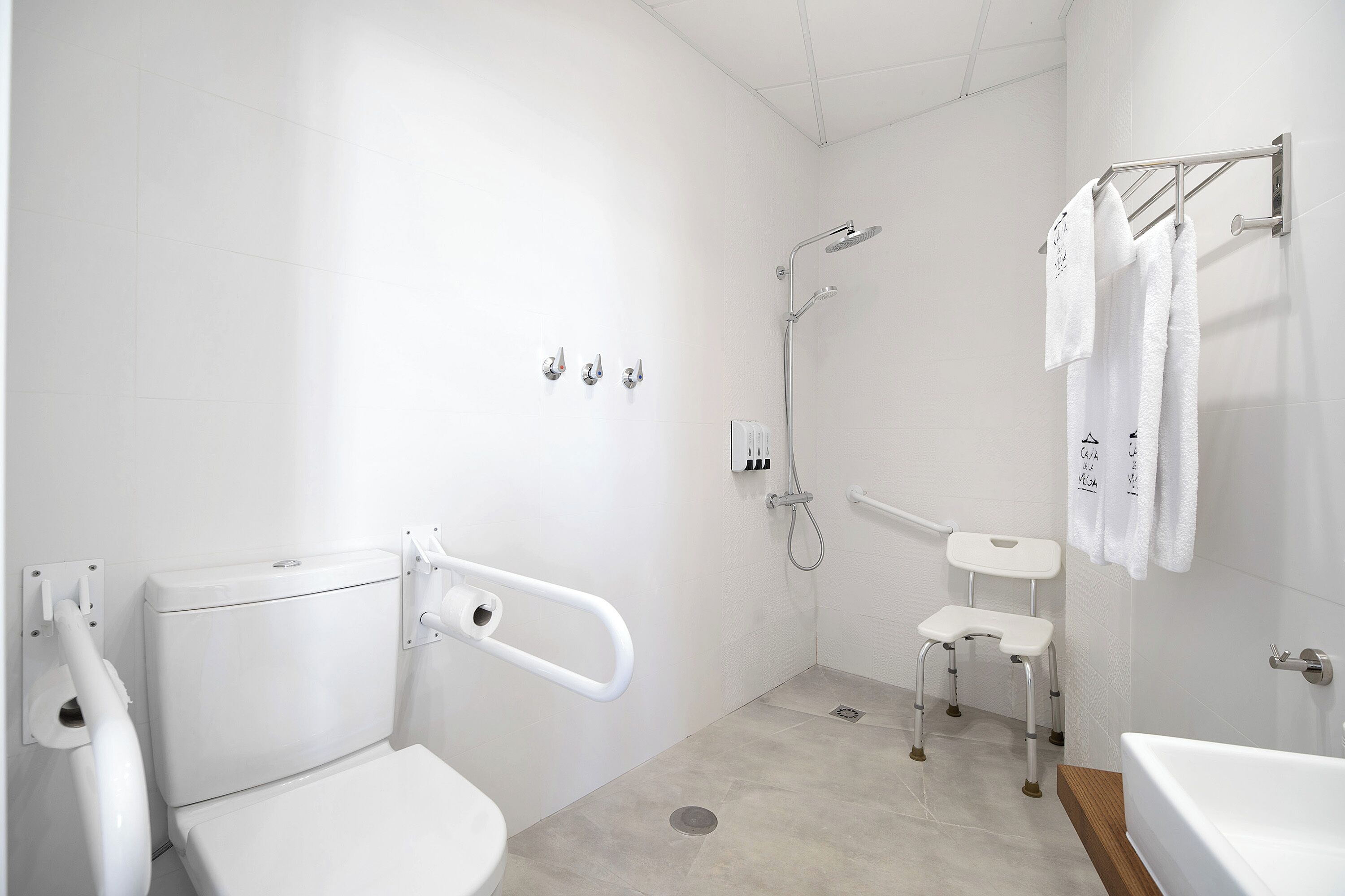 Un baño moderno con inodoro, ducha y lavamanos.