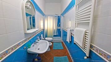 Shower, jetted tub, hair dryer, bathrobes