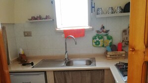 A compact kitchen with a sink, a small refrigerator, and a window above the sink.