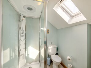A modern bathroom with a glass-enclosed shower, a skylight, a toilet, and a trash bin.