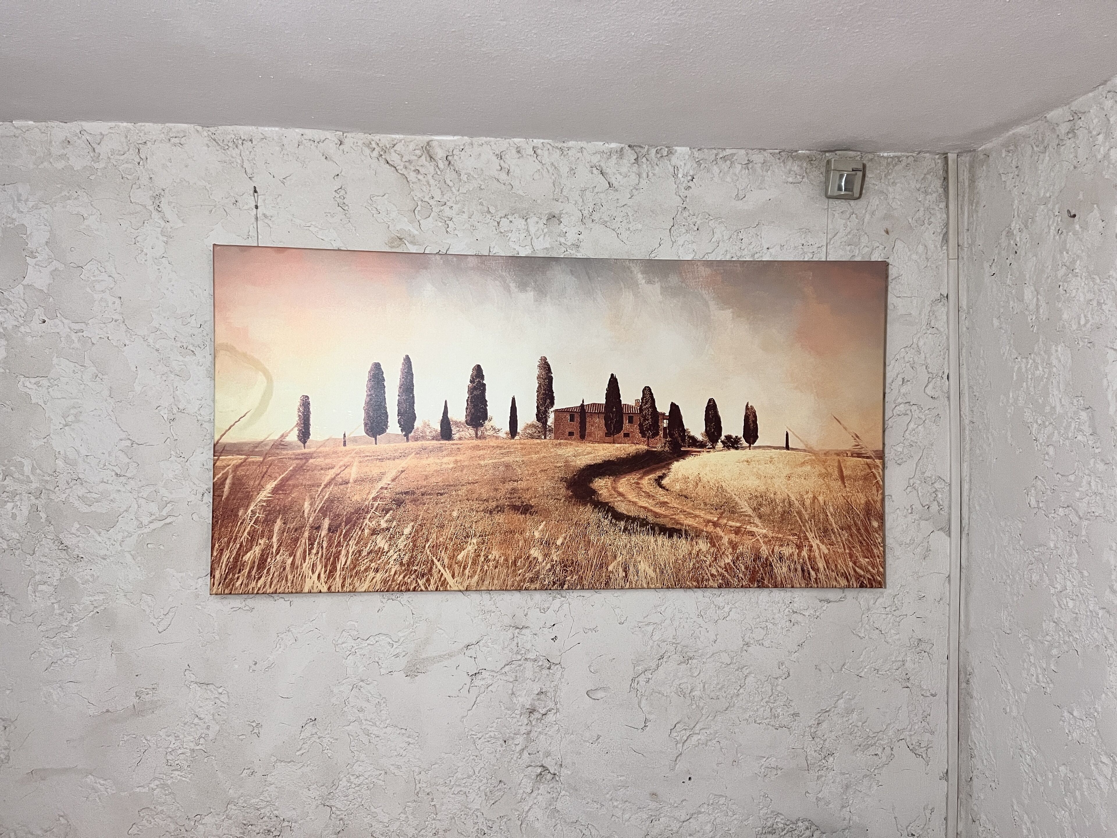 Een schilderij van een landschap met een kronkelend pad en bomen op een structuurwand.