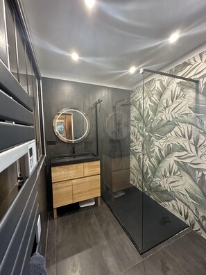 Dusche, Haartrockner, Handtücher, Seife