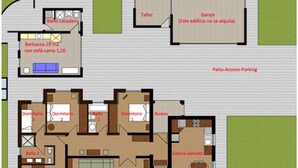 Plano de planta de un hotel con 4 dormitorios, 2 baños, cocina, comedor, sala de estar, patio y piscina privada.