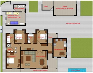 Plano de planta de un hotel con 4 dormitorios, 2 baños, cocina, comedor, sala de estar, patio y piscina privada.