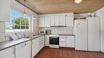 Fridge, stovetop, dishwasher, coffee/tea maker