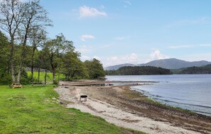 Enjoy a serene lakeside setting with a grassy area for picnics, a sandy beach for sunbathing, and picturesque views of lush green trees and distant mountains.