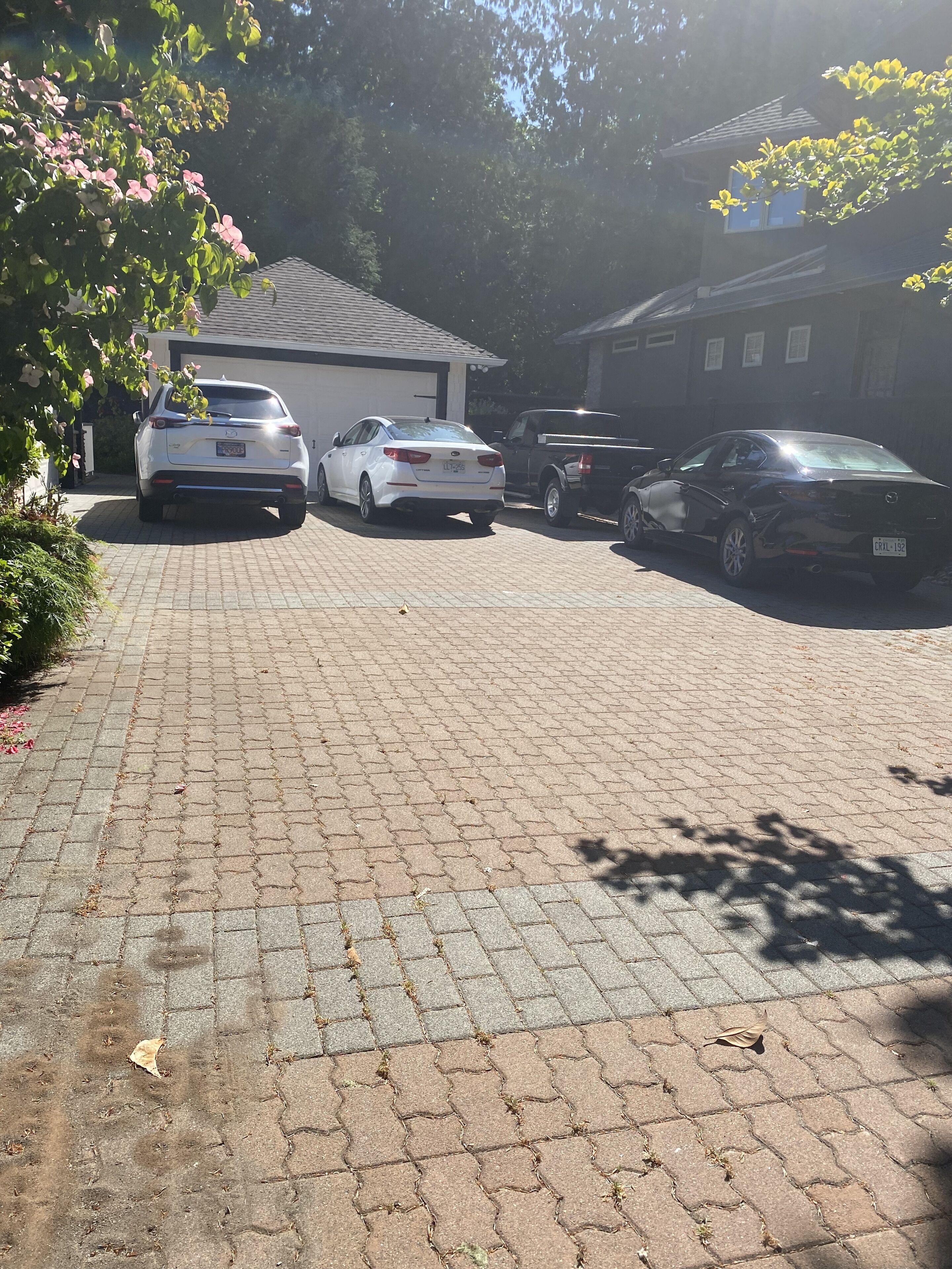 A paved driveway with parked cars and a building in the background.