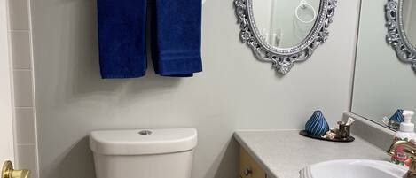Une salle de bain comprenant des toilettes, un lavabo, un meuble-lavabo, deux serviettes, un poisson décoratif et des miroirs décoratifs.