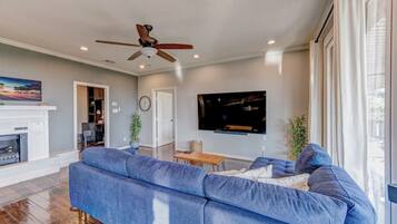 TV connectée, cheminée, livres, chaßne hi-fi