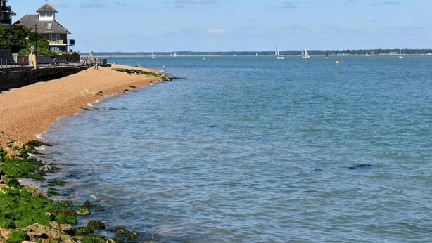 A beach with a pier and a house on the left. - Mulberry Cottage Coastal Holiday Home (Cowes)