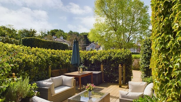 A patio with wicker furniture, a glass table, and a potted plant. - Solent Landing No 16 Beach Retreat (Bembridge)