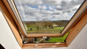 A skylight with a view of a rural landscape, including fields and a distant hill.
