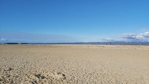 Une vaste plage de sable fin, sous un ciel dégagé.