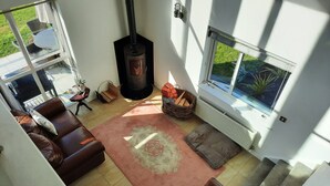 Ein modernes Wohnzimmer mit Kamin, Ledersofas, einem Couchtisch und Blick ins Freie.