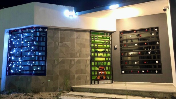 A modern building with two doors, one with a grid of lights and the other with a green door and a cartoon character.