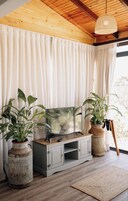 Deluxe Chalet | Living area | 40-inch Smart TV with digital channels, TV, fireplace