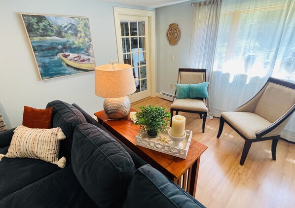 Smart TV, fireplace, books