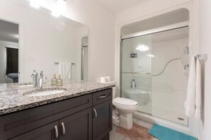 Hair dryer, towels, soap, toilet paper