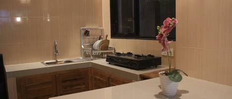 A kitchen with a sink, cabinets, a window, and a potted orchid on the counter.