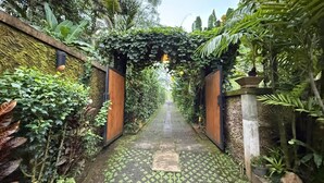 Un sendero atraviesa un jardín exuberante con una puerta de madera y un arco cubierto de follaje.
