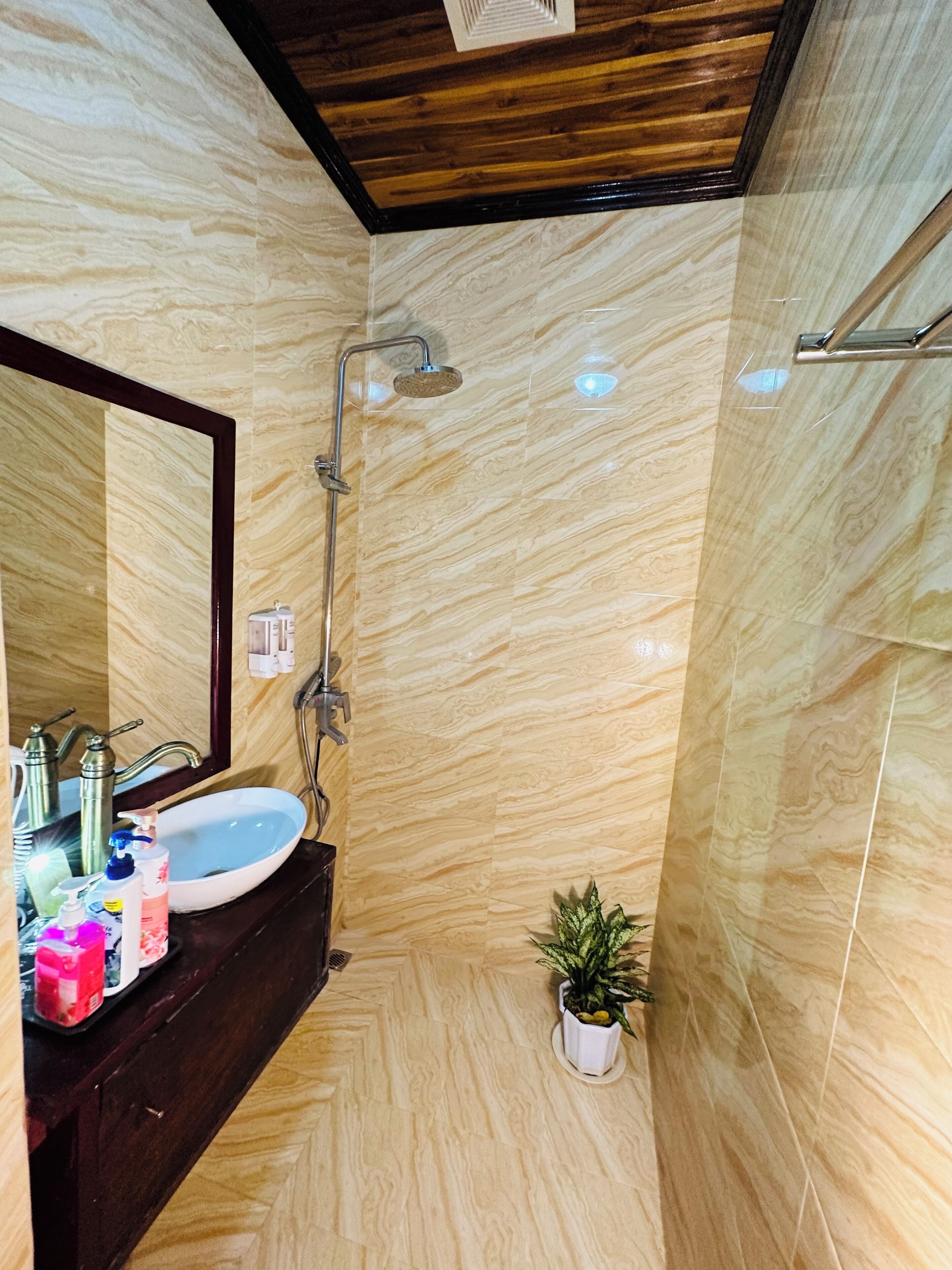 A bathroom with a marble floor, a sink with a mirror, a shower, and a small potted plant.