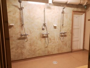 Habitación familiar | Baño | Cabezal de ducha tipo lluvia, toallas y papel higiénico