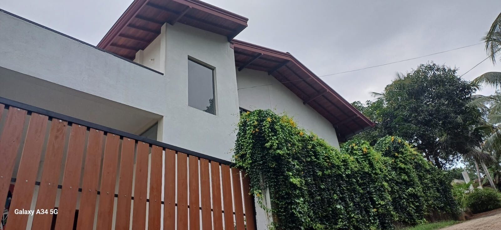 A modern house with a white exterior, a wooden fence, and lush greenery.