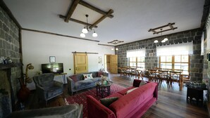 A spacious living room with a red sofa, a grey armchair, and a television. There is a stone wall and wooden beams on the ceiling. - Vices Konagi (Findikli)