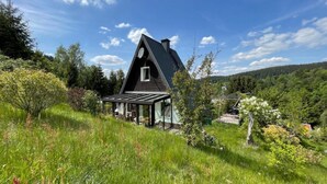 Une maison moderne avec un toit en pente, une véranda en verre et une vue sur une vallée boisée.