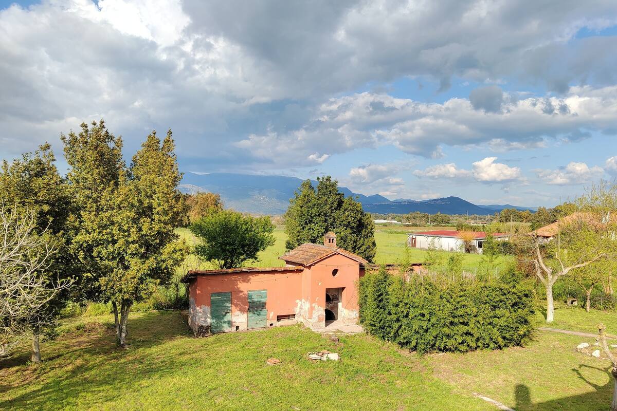 A rural landscape with a small red building surrounded by trees and grass.