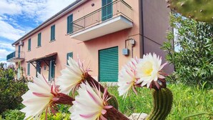 A building with a balcony and a cactus with flowers in front. - Eco House San Michele (Latina)