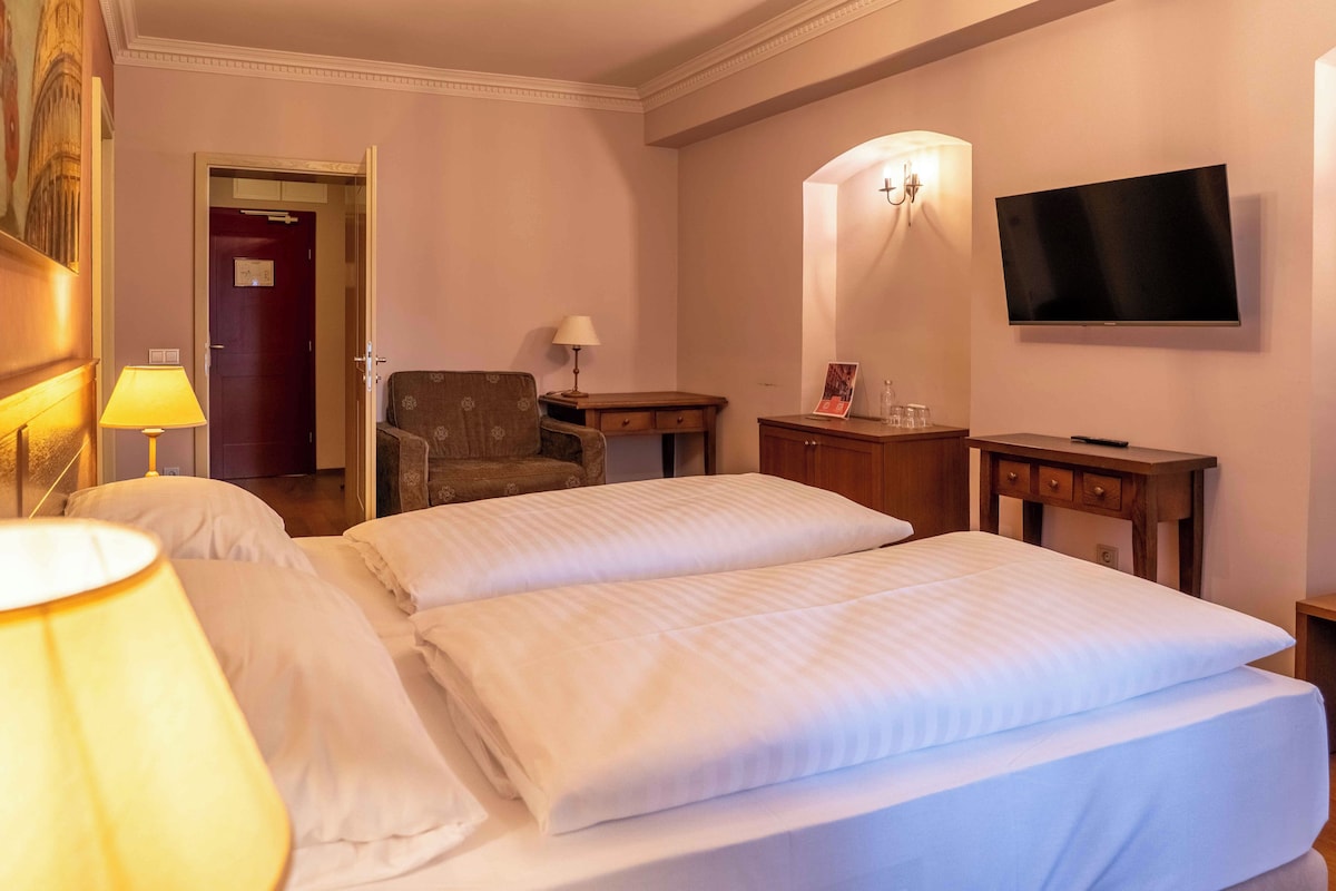 Ropa de cama hipoalergénica y caja de seguridad en la habitación 