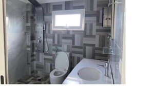 Une salle de bain avec douche, toilettes et lavabo.