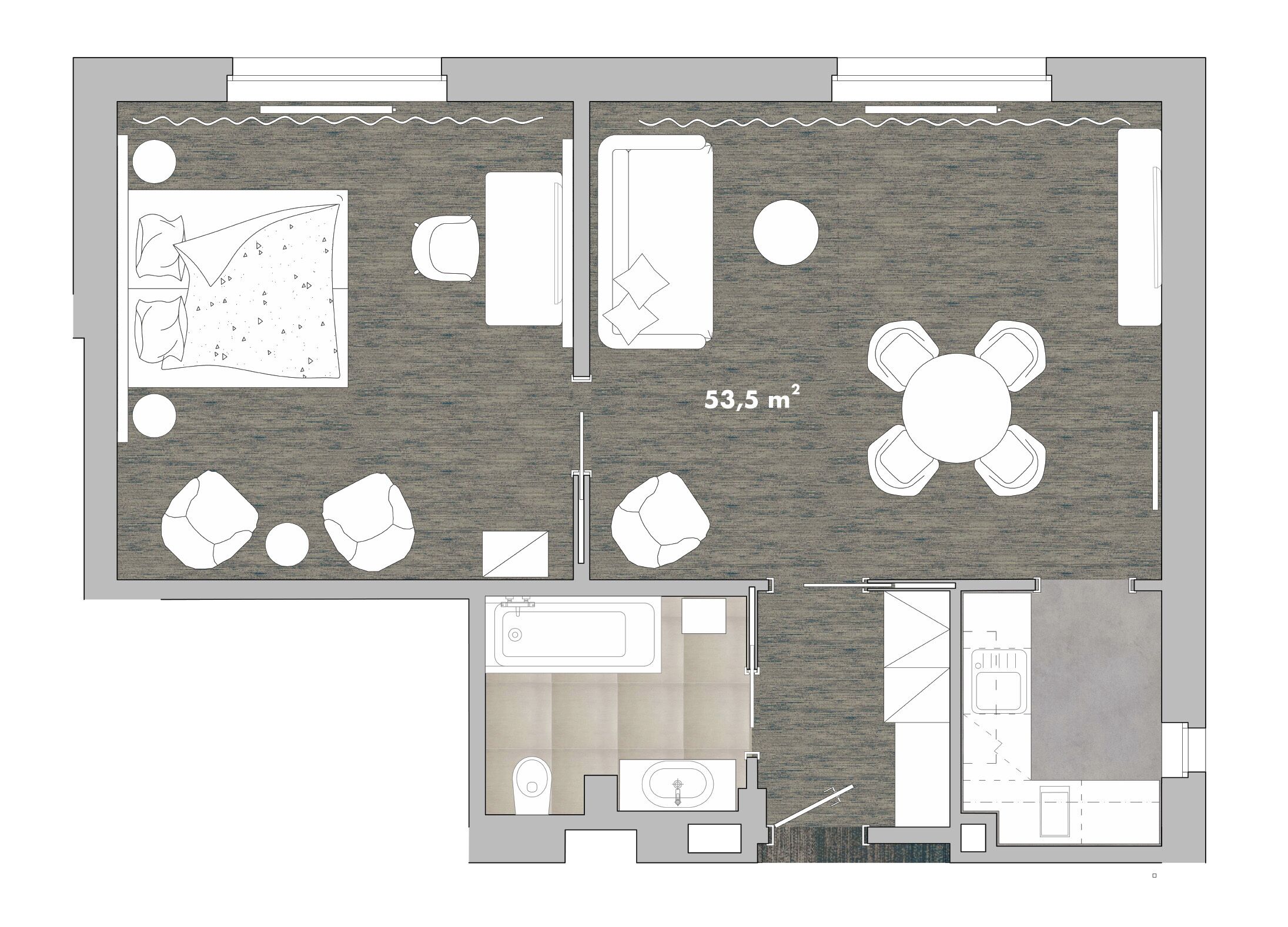 Ein Grundriss eines Hotelzimmers mit Wohnbereich, Essbereich und Badezimmer.