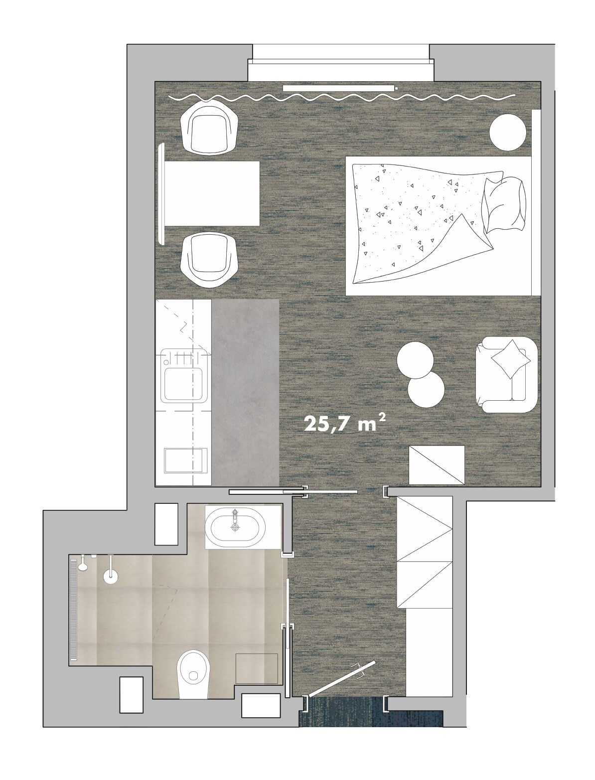 En planritning över ett hotellrum med ett litet kök, en matplats, ett badrum och ett vardagsrum, med en total yta på 25,7 m².